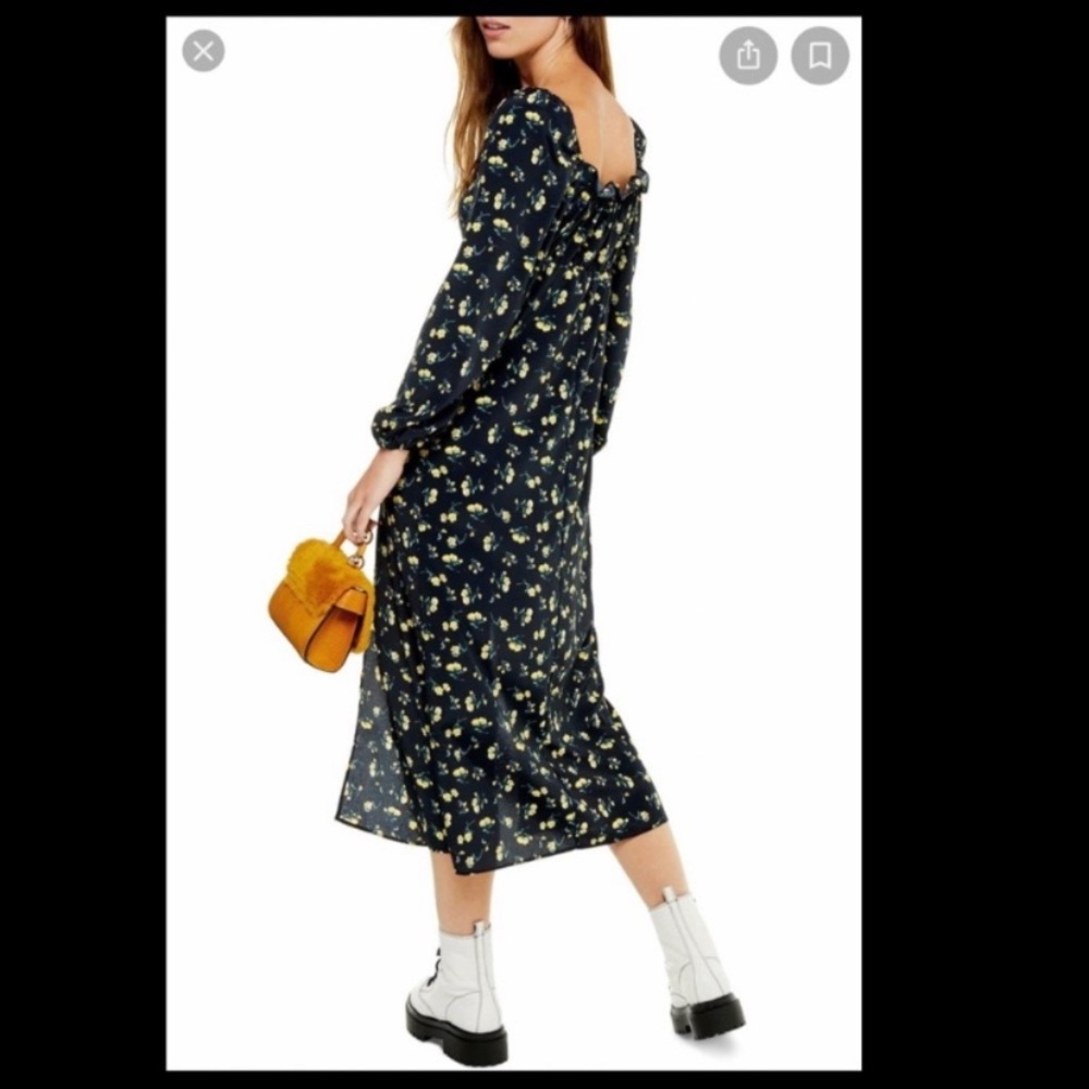 Topshop Midi Dress. Long Sleeves w/ Florals. Size US 6. Yellow, Black & Green. - Picture 2 of 9